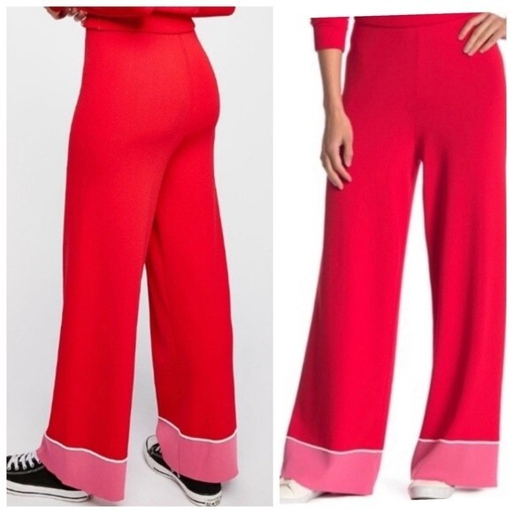 Free People Red & Pink Knit Sunday Flair Wide Leg High Waist Knit Pants L - Picture 1 of 10
